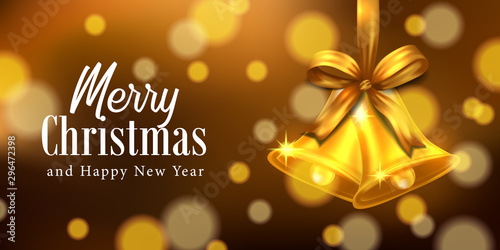 gold and golden bell with ribbon for luxury elegant with bokeh background christmas party event