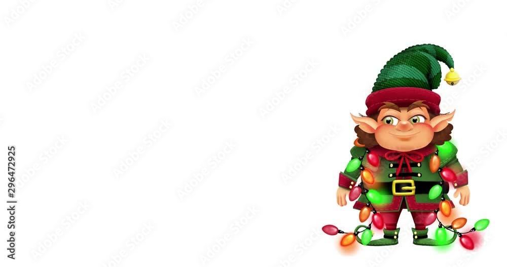 4k Animated illustration of happy Christmas elf with blinking string lights waving on white background 4k Animated illustration of happy Christmas elf with blinking string lights waving on white background