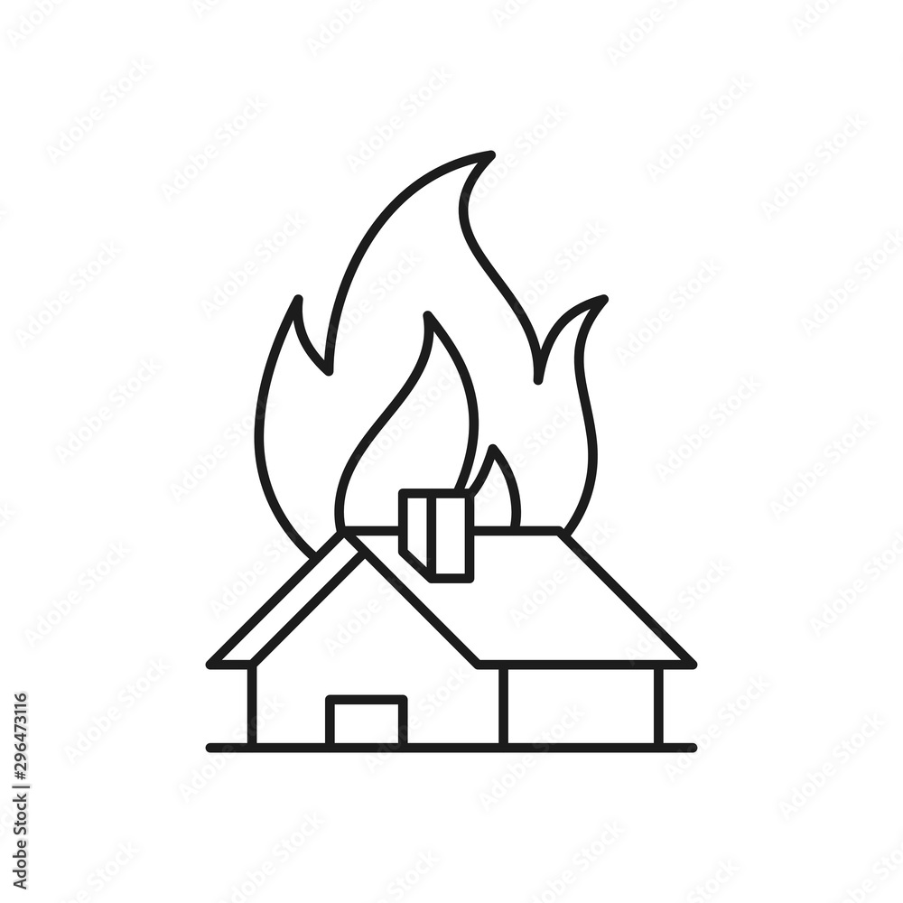 House and fire icon. House safety concept. Outline thin line illustration  Isolated on white background. Stock Vector