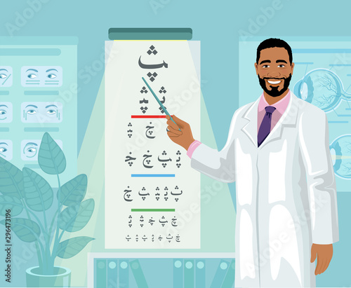 Young Arab man ophthalmologist conducts a visual acuity test. Arabian oculist in medical office shows eye chart. Vector illustration