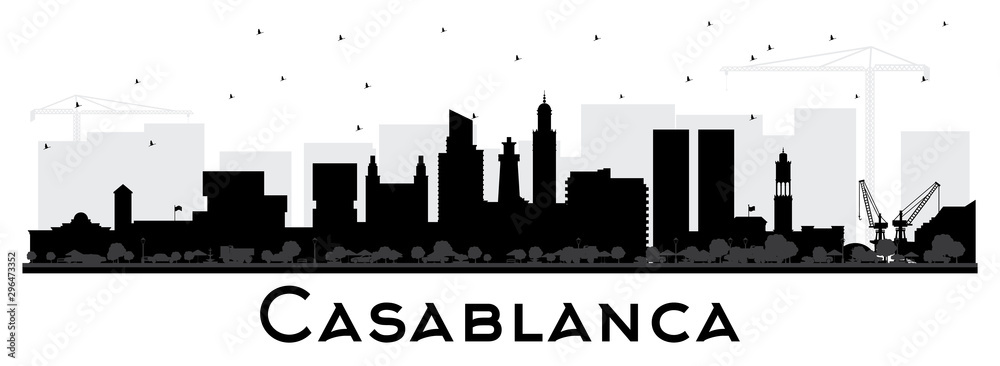 Casablanca Morocco City Skyline Silhouette with Black Buildings Isolated on White.