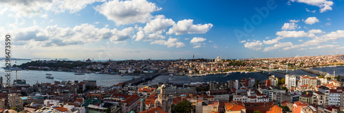 Aerial View from the Galata Tower in Istanbul, Turkey on a bright cloudy day.