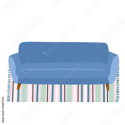 Stylish scandic living room interior - sofa on a carpet. Home lagom decorations. Cozy season. Modern comfy apartment furnished in hygge style. Vector illustration