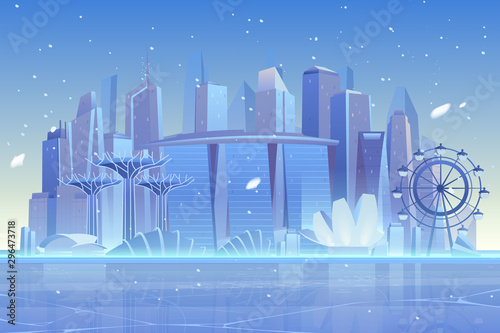 Winter city skyline at frozen waterfront bay. Futuristic metropolis architecture and ferris wheel view under fallen snow. Luxury skyscrapers buildings cityscape background. Cartoon vector illustration