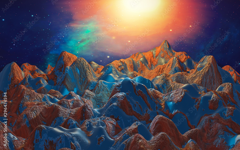 Obraz premium Abstract rock mountain landscape with nebula sky and sun. 3D rendering