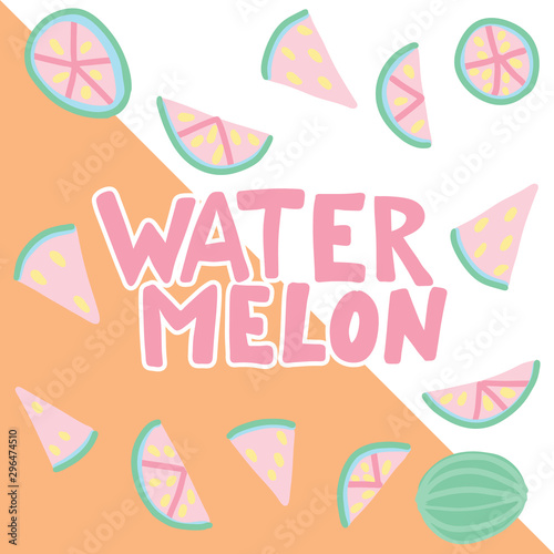 Watermelon vector lettering. Red and green background. Tropical food graphic text. Full slice seed