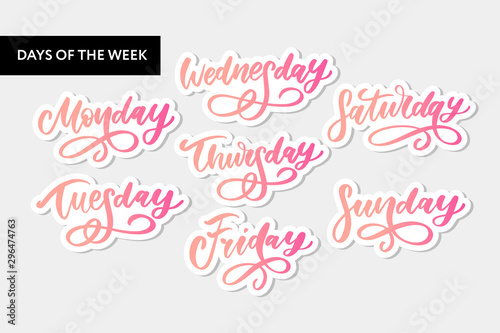 Vector handwritten week days and symbols set. Ink font. Stickers for planner and other. Clipart. Isolated.