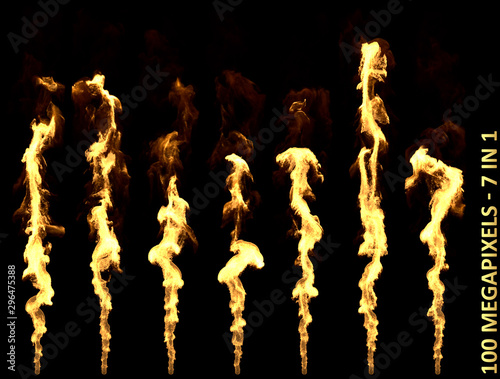 7 very high resolution nice isolated flamethrower or dragon breath fire realistic renders for Halloween or any design purpose 3D illustration of object