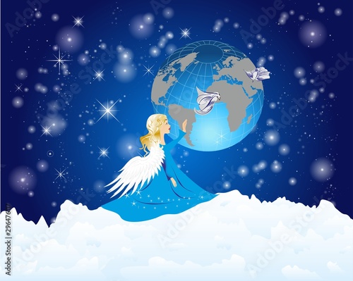  composition with a woman angel of the Earth who talks with birds