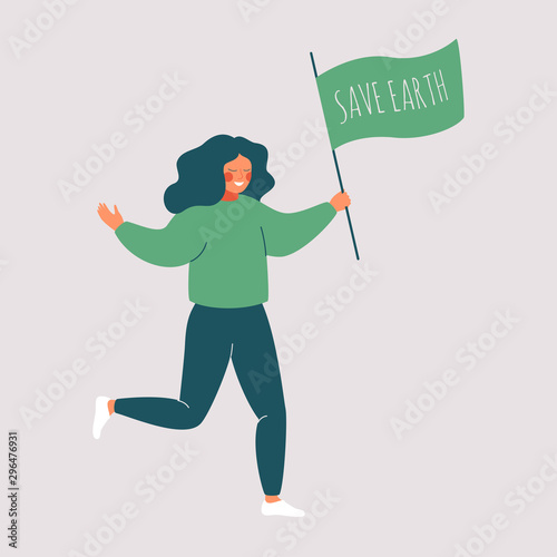 Smiling girl holding a green flag that says save earth. Woman activist campaigning to protect the earth. Green Ecology concept. Vector illustration