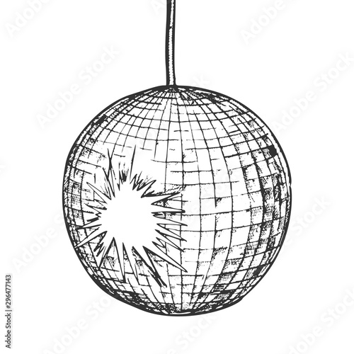 Disco Ball Night Club Equipment Monochrome Vector. Elegance Mirror Disco Globe With Bright Effect Engraving Concept Template Hand Drawn In Vintage Style Black And White Illustration