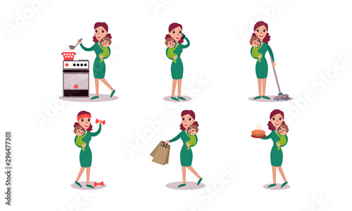Mothers Daily Routine With Child, Cooking, Cleaning, Shopping And Sport Vector Illustration Set Isolated On White Background