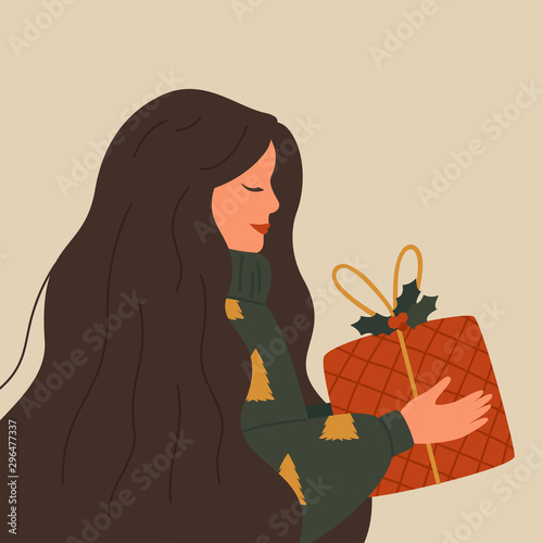 Christmas illustration of a happy woman wearing a warm sweater holds a red gift box. Vector festive concept for merry Christmas and happy New year