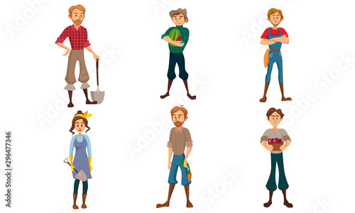Male and female farmers with different tools. Vector illustration.
