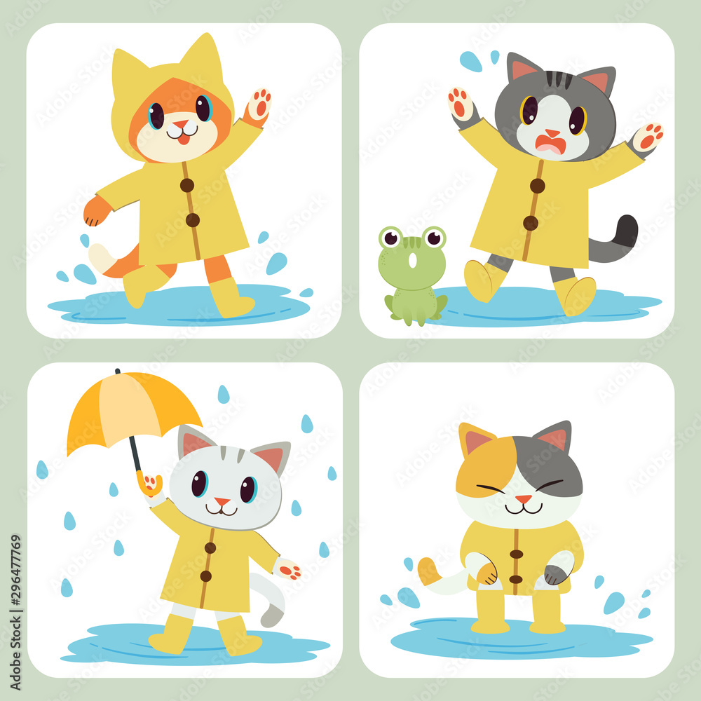 The collection of cute cat wear the yellow raincoat and umbrella and boots. The cute cat jumping on the air. The cute cat look shock because the frog. The character of cute cat in flat vector style.