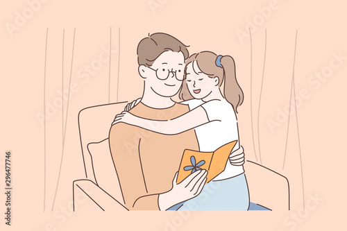 Happy fatherhood, strong father and daughter relationships, family love and tenderness concept. Little girl hugging daddy and greeting with fathers day, dad and kid together. Simple flat vector