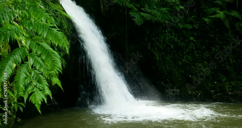 Static shot of scenic nature of beautiful crayfish waterfall in park of Guadeloupe, Basse-Terre, perfect spot for a break when hiking. fresh water and calm atmosphere