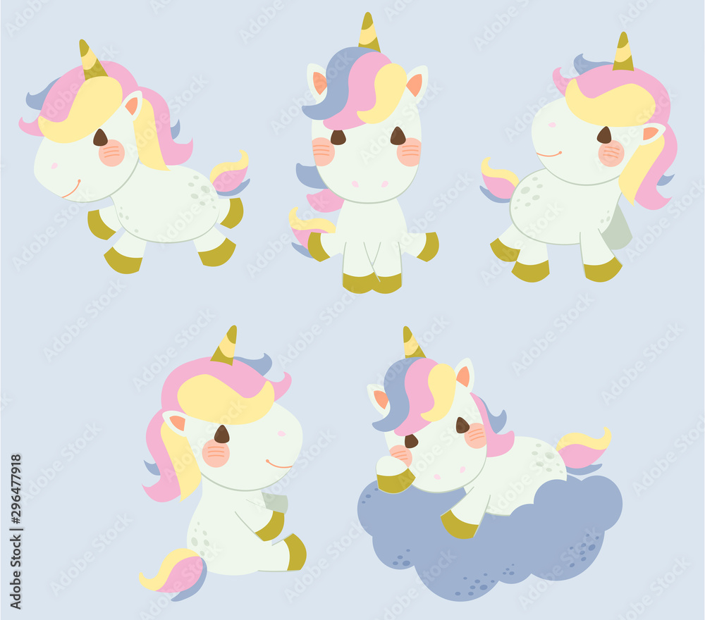 The collection of unicorn in many action set. The character of cute unicorn on the blue background.The cute unicorn standing and sitting on the ground and cloud.The cute unicorn in flat vector style.