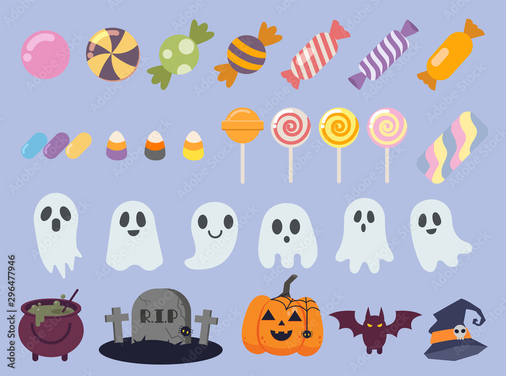 Fototapeta premium The collection of cute candy in halloween party. The collection of ghost design. The collection of halloween party on blue background in flat vector style.