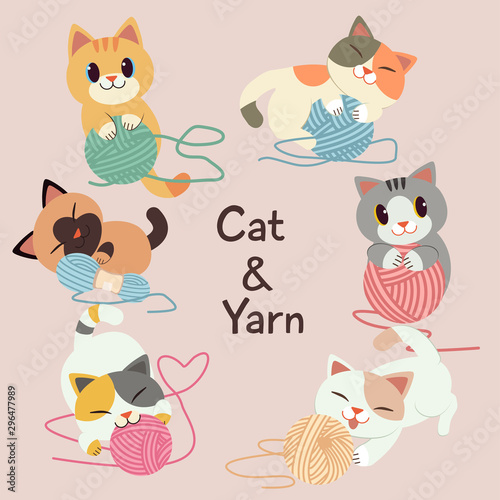 The collection of cute cat play with a yarn on the pink background. The cute cat playing a yarn in many action. The cute character of cute cat in flat vector style.