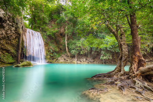 Fototapeta Naklejka Na Ścianę i Meble -  Scenic view of waterfall beautiful (erawan waterfall) in kanchanaburi province asia southeast asia Thailand, Travel Destinations Concept