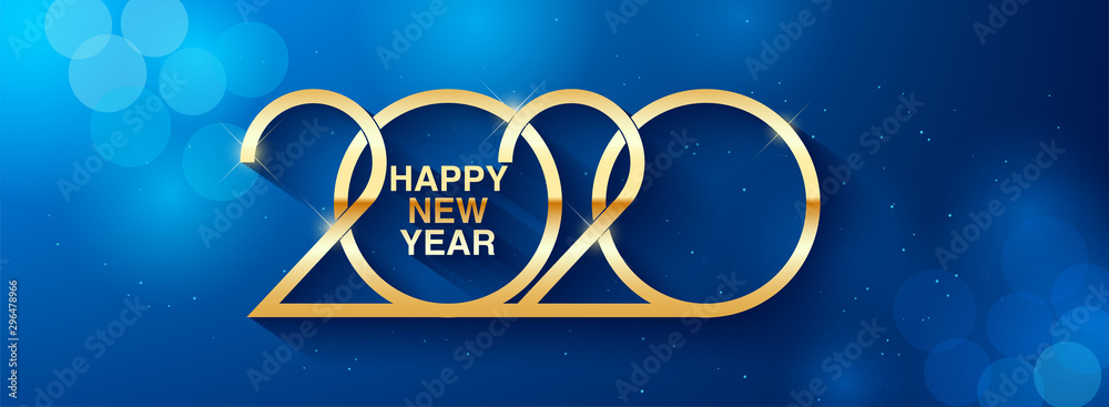 Happy New Year 2020 text design. Greeting illustration with golden numbers. Merry christmas and happy new year 2020 greeting card and poster design.