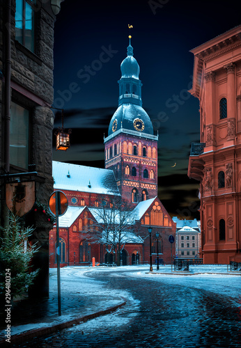 Dome square and medieval church in winter morning, Riga, Latvia