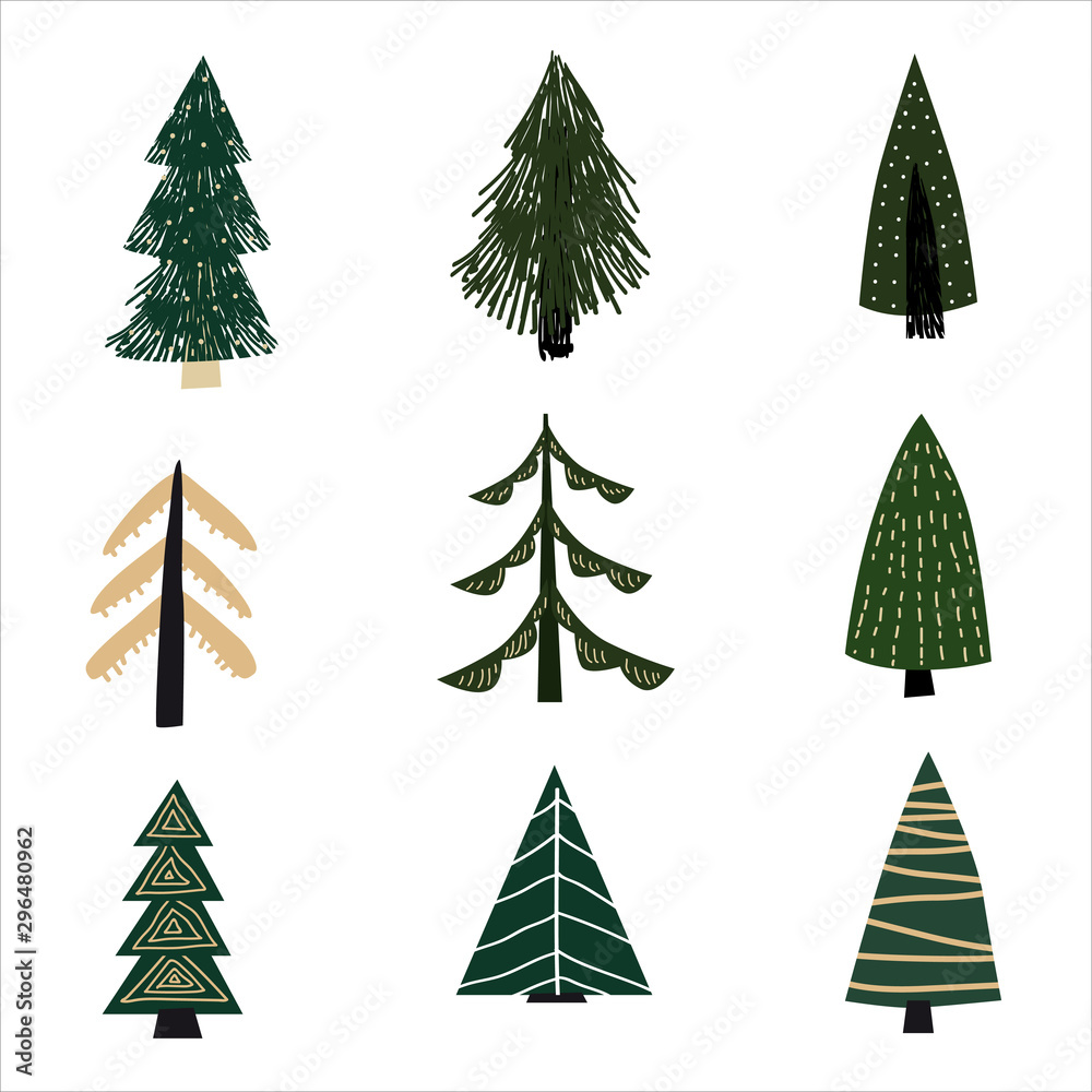 Obraz premium Set Christmas forest tree fir-tree icon. Simple doodles black white illustration in scandinavian style