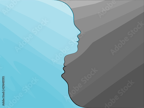 Double face. Metaphor bipolar disorder mind mental. Psychology and mental health. Split personality. Mood disorder. Dual personality concept. 2 heads silhouettes