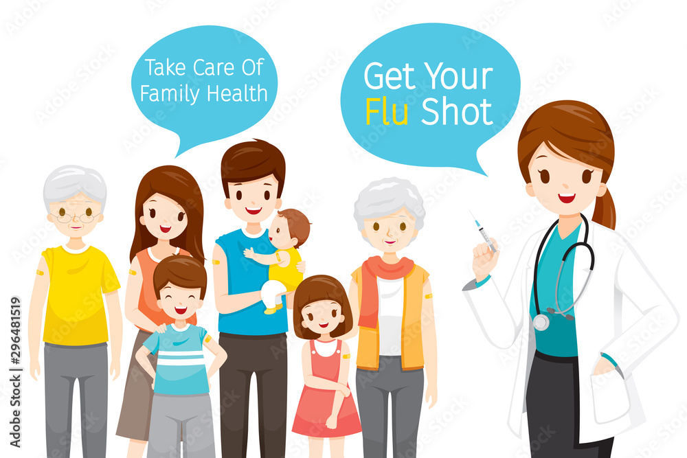 Female Doctor Holding Hypodermic Syringe, Get Your Flu Shot In Speech Bubble, Take Care Of Family Health By Injecting Flu Vaccine