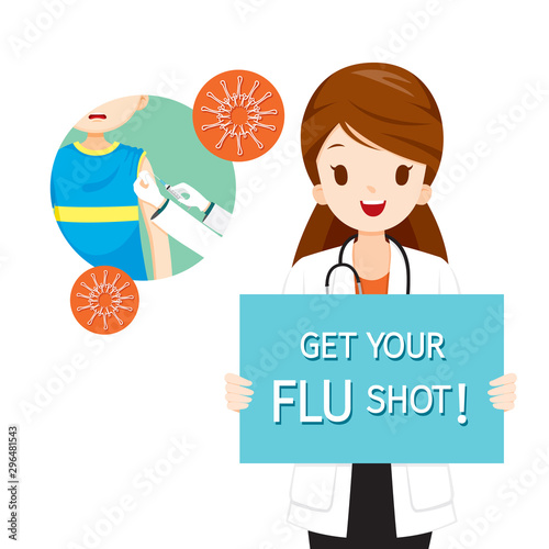 Female Doctor Holding Get Your Flu Shot Sign, Injecting Flu Vaccine