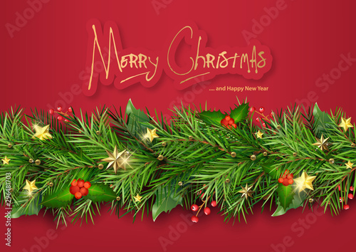 Red Christmas Background with Christmas Tree Branches Decorated with Christma...