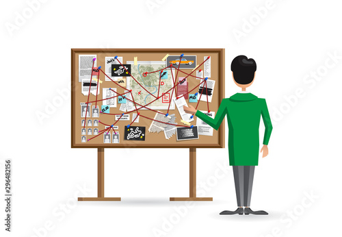 Detective Board with pins and evidence, crime investigation
