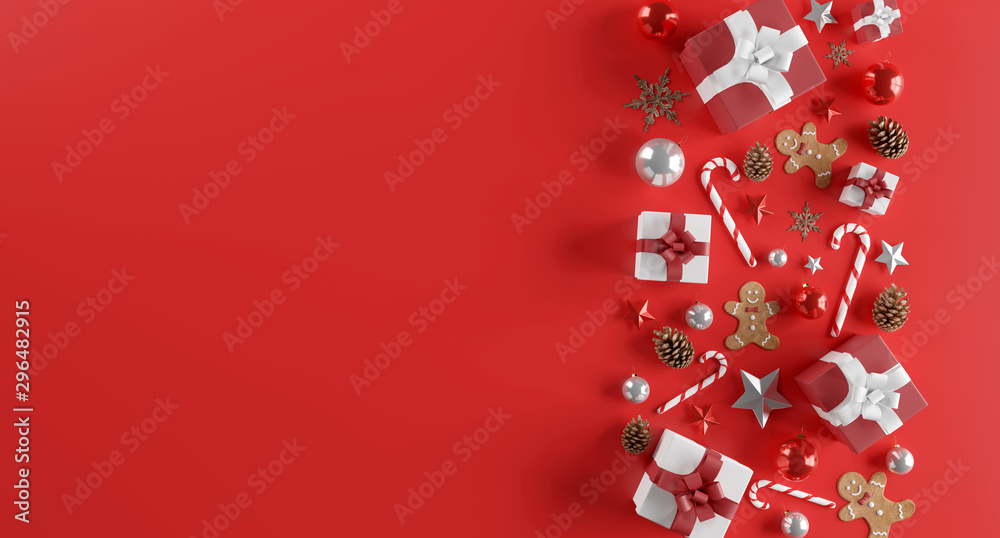 Christmas white background with christmas balls and decoration - 3d rendering - obrazy, fototapety, plakaty 