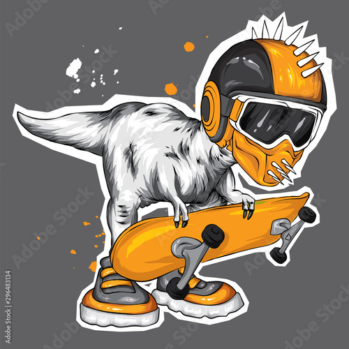 Dinosaur. Bright vector illustration. Cartoon reptile. Tyrannosaur. Print on clothes, drawing for postcards. Hipster. Skater. Sport. Skateboard, extreme.