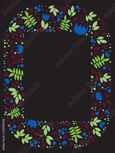 A doodle photo frame with leaves and blue flowers on a black background