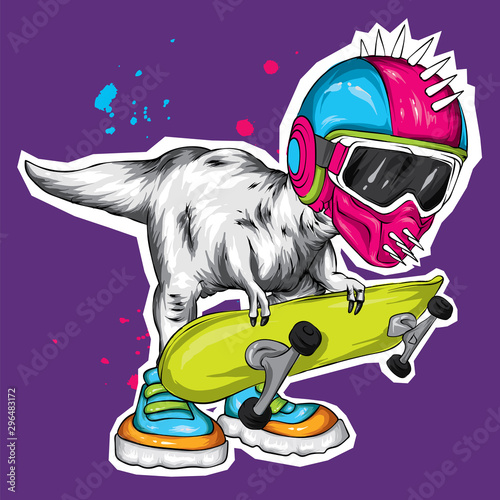Dinosaur. Bright vector illustration. Cartoon reptile. Tyrannosaur. Print on clothes, drawing for postcards. Hipster. Skater. Sport. Skateboard, extreme.