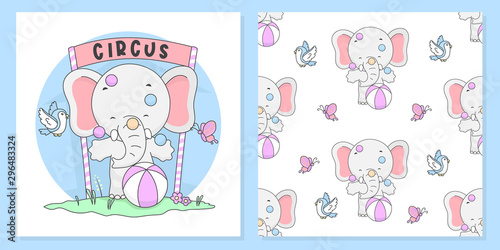 Cute Circus Elephant Illustration with pattern seamless. vector Illustration
