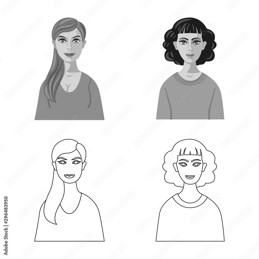 Vector illustration of hairstyle and profession sign. Collection of hairstyle and character vector icon for stock. Vector illustration of hairstyle and profession sign. Collection of hairstyle and character vector icon for stock.