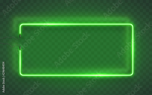 Neon rectangle lamp wall sign isolated on transparent background. Vector green power glowing bulb banner, light line frame for your design.