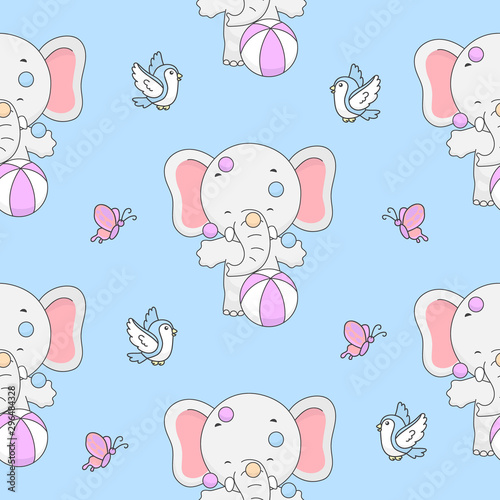 Elephant, Bird, Butterfly Seamless Pattern. Vector Illustration.