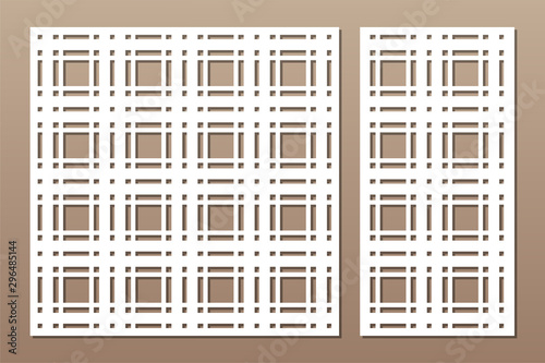 Set decorative card for cutting. Square, Scotland cage pattern. Laser cut. Ratio 1:1, 1:2. Vector illustration.