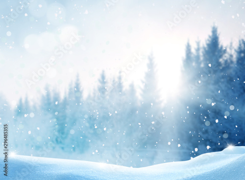 Beautiful winter landscape with snow covered trees.Merry Christmas and happy New Year greeting background with copy-space.