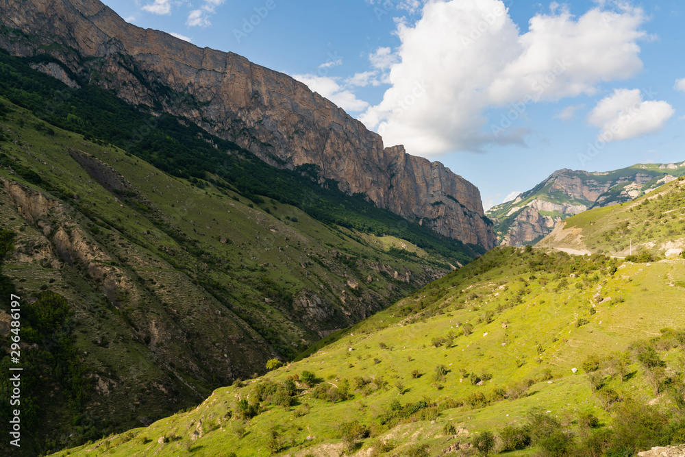 beautiful landscape mountain valley with rocks and green meadows