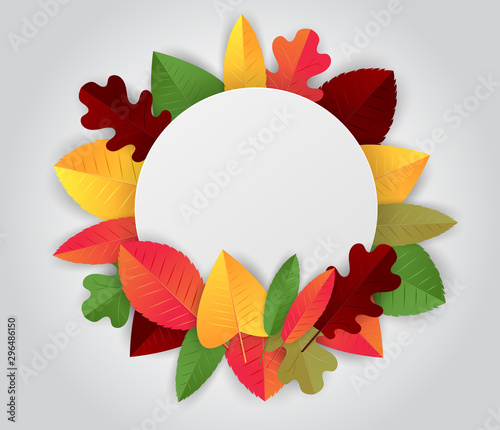 Autumn circular banner with green, red, and orange leaves. Design for advertisement, promo. Vector illustration.