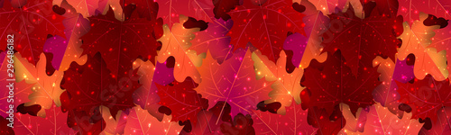 Autumn banner. Horizontal header with red and orange maple leaves and glowing sparkles. Vector illustration.