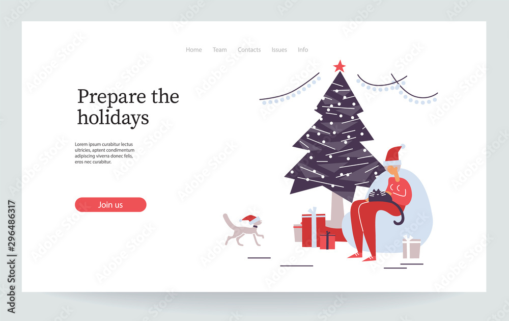 Naklejka premium Merry Christmas. Happy new year. Old women cuddle her domestic animal. Funny granny celebrate with pets. Cat party. Christmas tree. Landing page, vector illustration EPS 10 isolated on white