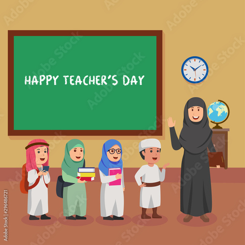 Happy teachers day illustration teacher and student arabian cartoon