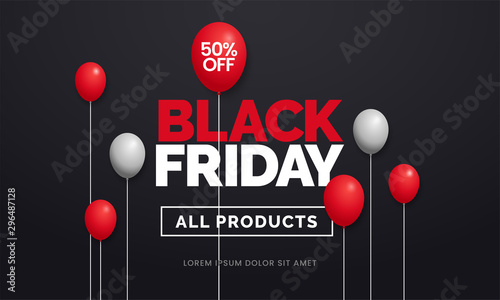 Black friday sale 50% off poster background social media promotion web banner template design with red balloon ornament on dark black backdrop wall vector illustration