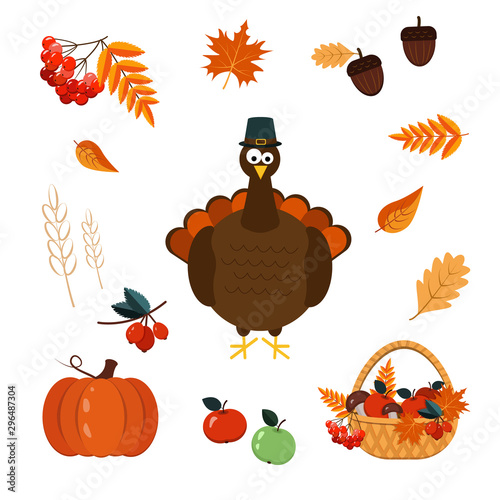 Set of elements for Thanksgiving-autumn leaves, basket with harvest, Turkey. Vector graphics